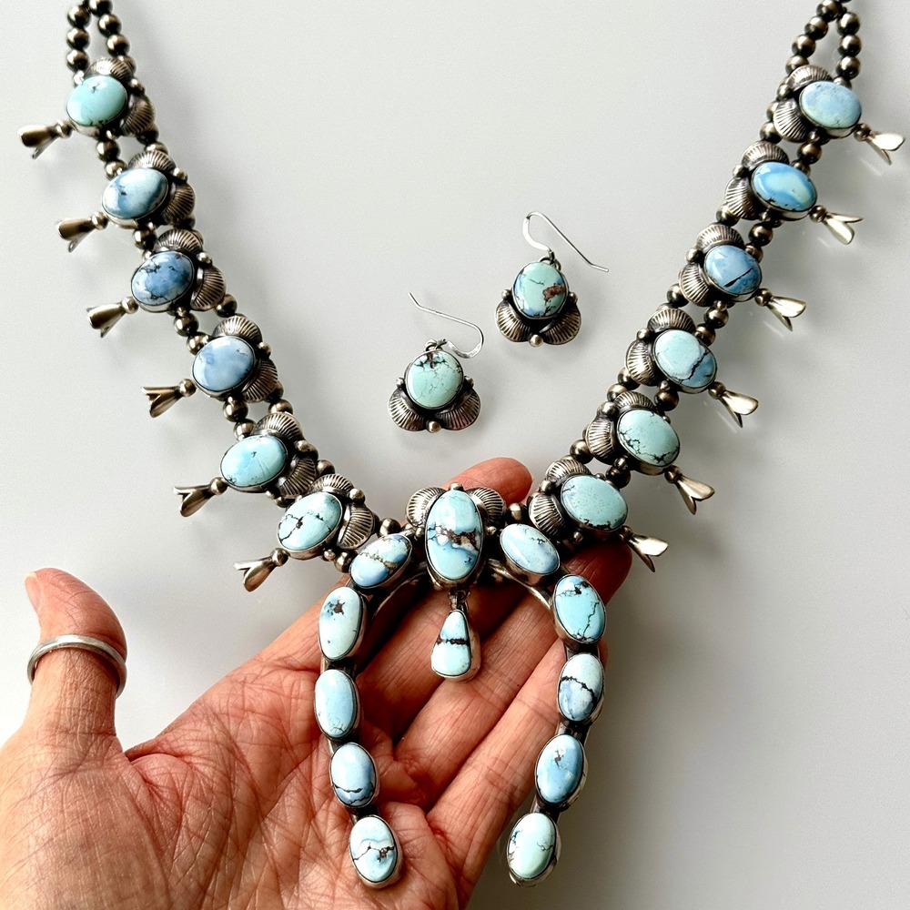 Navajo Squash Blossom Necklace Turquoise Blue Golden Hills Signed 170g Sterling